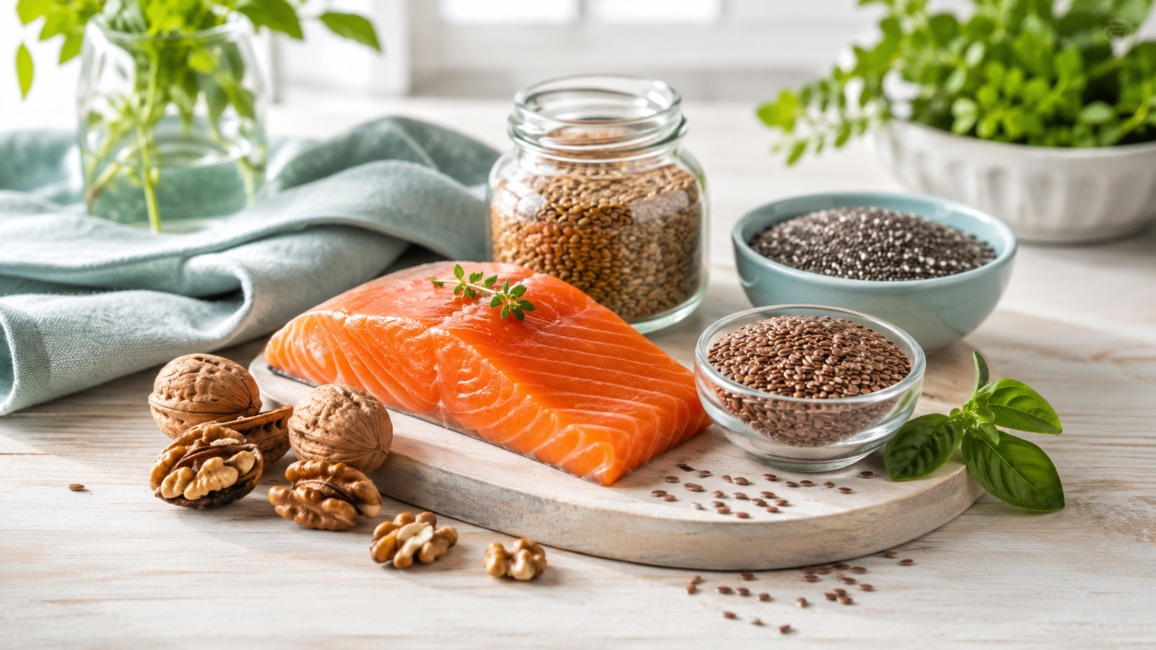 Продукты с источниками омега-3 на светлом кухонном столе: рыба, грецкие орехи, льняные семена и стеклянная баночка.