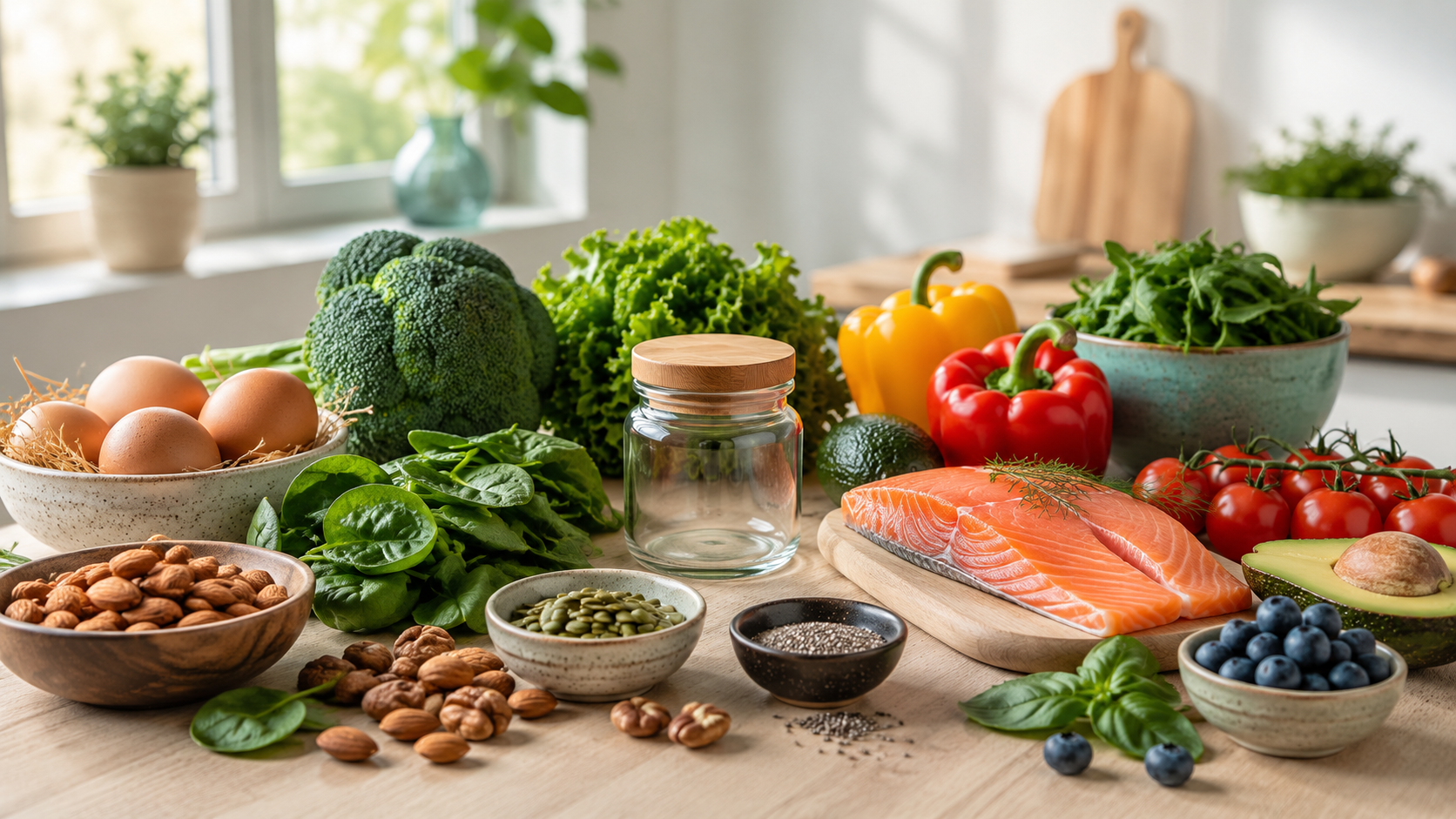 Разнообразные продукты питания на светлом кухонном столе — зелень, орехи, рыба, овощи и небольшая баночка без этикетки.